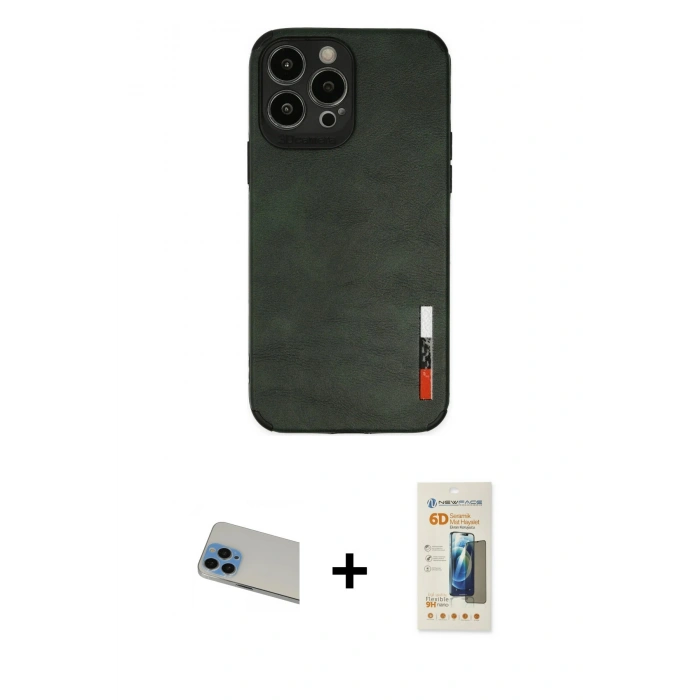 MARSİLYAN™- iPhone 13 Pro Max Kılıf Doruk Asil Koleksiyonu - Siyah 6D Mat Seramik Hayalet Nano Ekran Koruyucu + Rainbow Kamera Lens Koruma Cam - MI