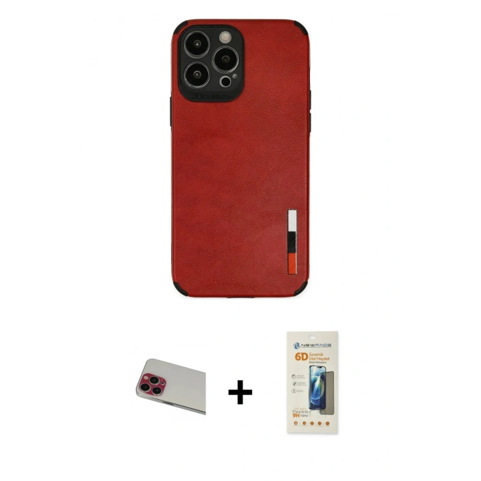 MARSİLYAN™- iPhone 13 Pro Max Kılıf Doruk Asil Koleksiyonu - Siyah 6D Mat Seramik Hayalet Nano Ekran Koruyucu + Kırmızı Rainbow Kamera Lens Koruma Cam