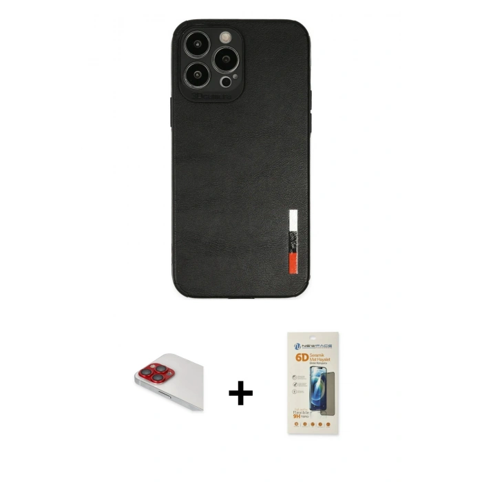 MARSİLYAN™- iPhone 13 Pro Max Kılıf Doruk Asil Koleksiyonu - Siyah 6D Mat Seramik Hayalet Nano Ekran Koruyucu + Pers Alüminyum Kamera Lens - KI