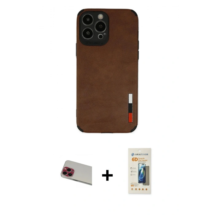 MARSİLYAN™- iPhone 13 Pro Max Kılıf Doruk Asil Koleksiyonu - Siyah 6D Mat Seramik Hayalet Nano Ekran Koruyucu + Kırmızı Rainbow Kamera Lens Koruma Cam