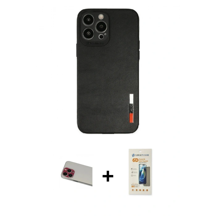 MARSİLYAN™- iPhone 13 Pro Max Kılıf Doruk Asil Koleksiyonu - Siyah 6D Mat Seramik Hayalet Nano Ekran Koruyucu + Kırmızı Rainbow Kamera Lens Koruma Cam