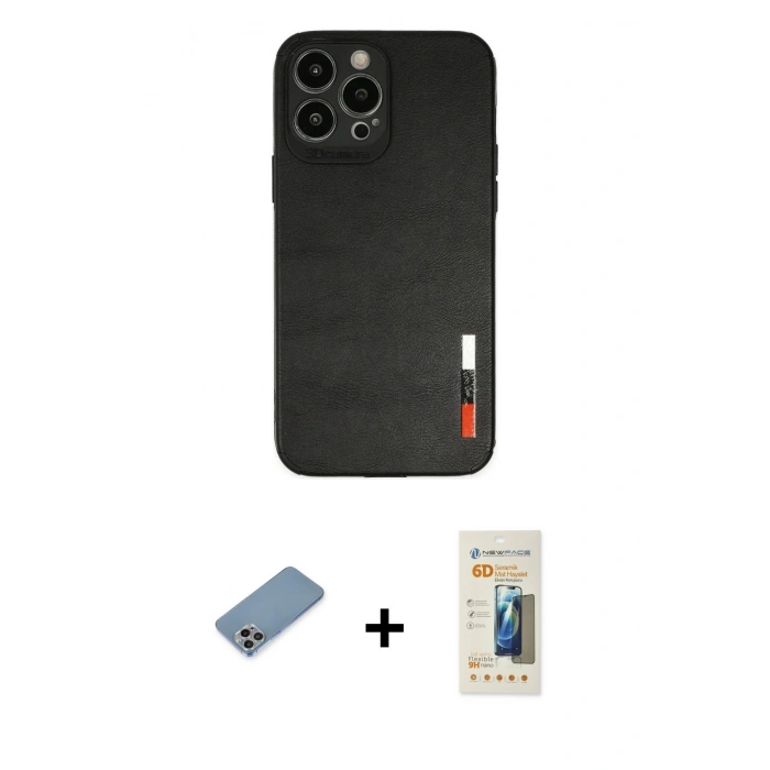MARSİLYAN™- iPhone 13 Pro Max Kılıf Doruk Asil Koleksiyonu - Siyah 6D Mat Seramik Hayalet Nano Ekran Koruyucu + Gökkuşağı Shine Kamera Lens Koruma Cam