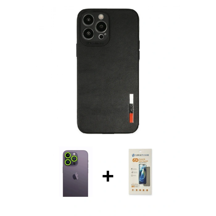 MARSİLYAN™- iPhone 13 Pro Max Kılıf Doruk Asil Koleksiyonu - Siyah 6D Mat Seramik Hayalet Nano Ekran Koruyucu + Neon Fosforlu Kamera Lens - YL
