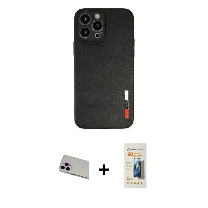 MARSİLYAN™- iPhone 13 Pro Max Kılıf Doruk Asil Koleksiyonu - Siyah 6D Mat Seramik Hayalet Nano Ekran Koruyucu + Rainbow Kamera Lens Koruma Cam - MR