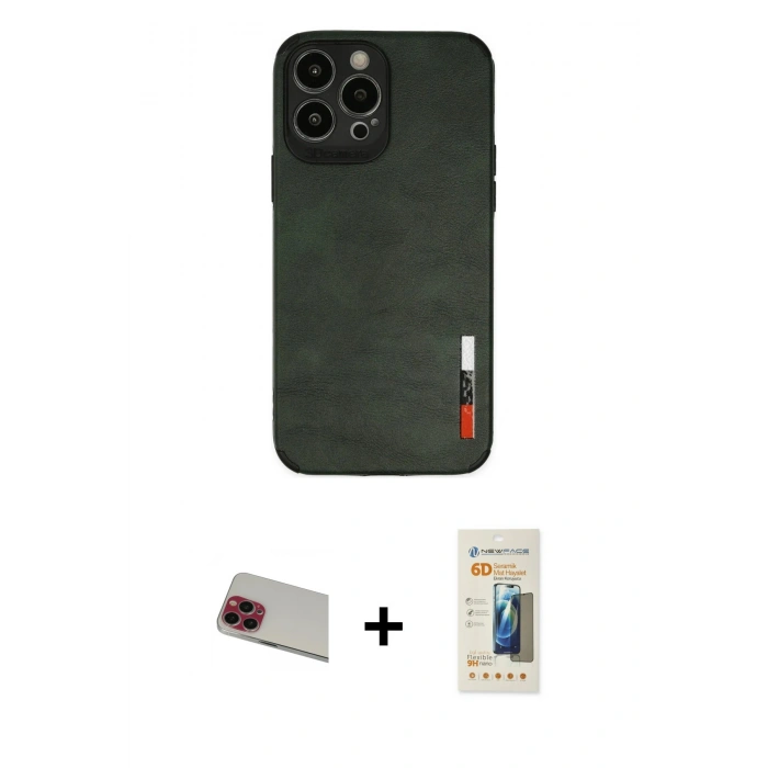 MARSİLYAN™- iPhone 13 Pro Max Kılıf Doruk Asil Koleksiyonu - Siyah 6D Mat Seramik Hayalet Nano Ekran Koruyucu + Kırmızı Rainbow Kamera Lens Koruma Cam