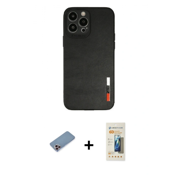 MARSİLYAN™- iPhone 13 Pro Max Kılıf Doruk Asil Koleksiyonu - Siyah 6D Mat Seramik Hayalet Nano Ekran Koruyucu + Shine Kamera Lens Koruma Cam - PE
