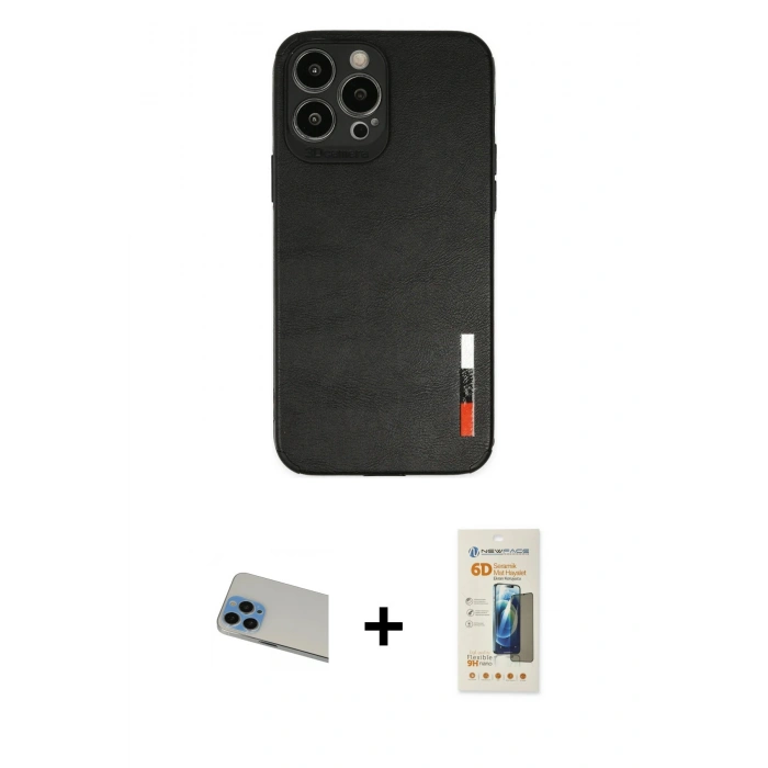 MARSİLYAN™- iPhone 13 Pro Max Kılıf Doruk Asil Koleksiyonu - Siyah 6D Mat Seramik Hayalet Nano Ekran Koruyucu + Rainbow Kamera Lens Koruma Cam - MI