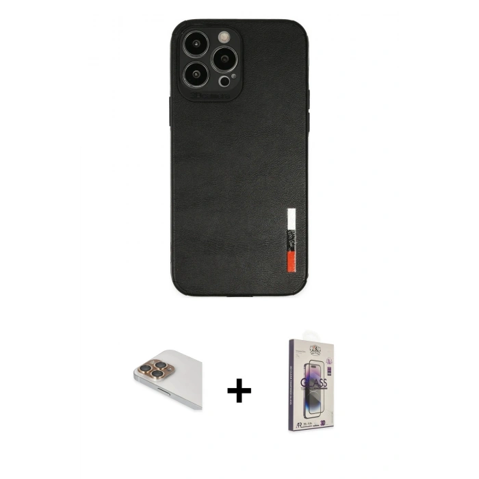 MARSİLYAN™- iPhone 13 Pro Max Kılıf Doruk Asil Koleksiyonu - Siyah Bilvis 3D Cam Ekran Koruyucu + Pers Alüminyum Kamera Lens - GD
