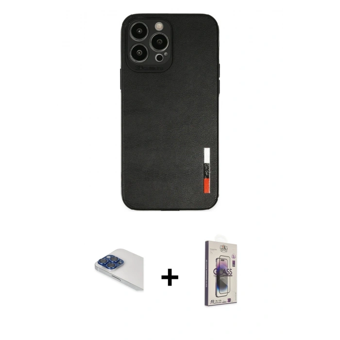 MARSİLYAN™- iPhone 13 Pro Max Kılıf Doruk Asil Koleksiyonu - Siyah Bilvis 3D Cam Ekran Koruyucu + Pers Alüminyum Kamera Lens - LT