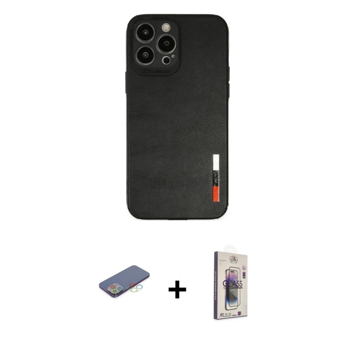 MARSİLYAN™- iPhone 13 Pro Max Kılıf Doruk Asil Koleksiyonu - Siyah Bilvis 3D Cam Ekran Koruyucu + Renkli Kamera Lens Koruma Cam - MI