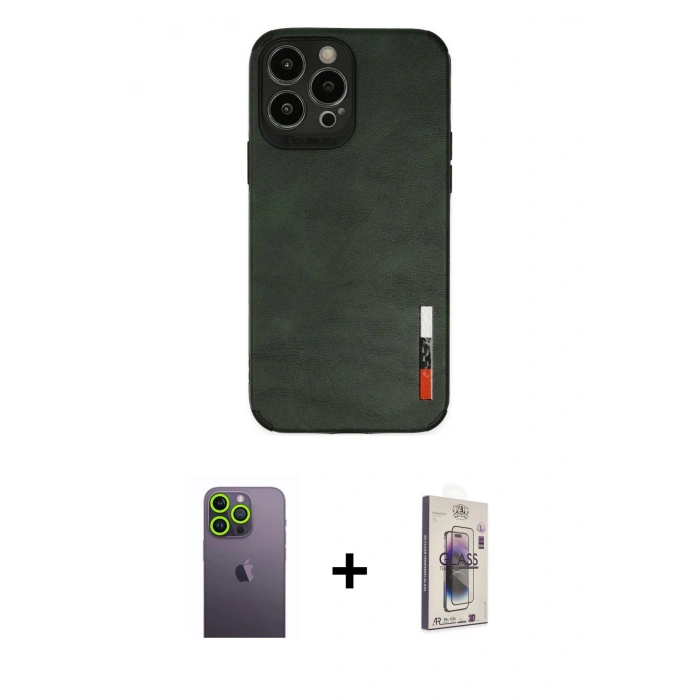 MARSİLYAN™- iPhone 13 Pro Max Kılıf Doruk Asil Koleksiyonu - Siyah Bilvis 3D Cam Ekran Koruyucu + Neon Fosforlu Kamera Lens - YL