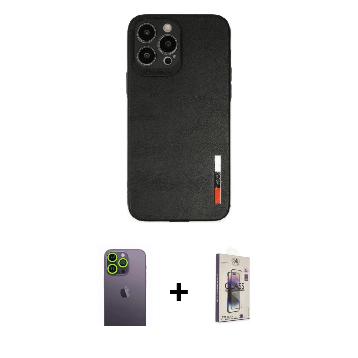 MARSİLYAN™- iPhone 13 Pro Max Kılıf Doruk Asil Koleksiyonu - Siyah Bilvis 3D Cam Ekran Koruyucu + Neon Fosforlu Kamera Lens - YL