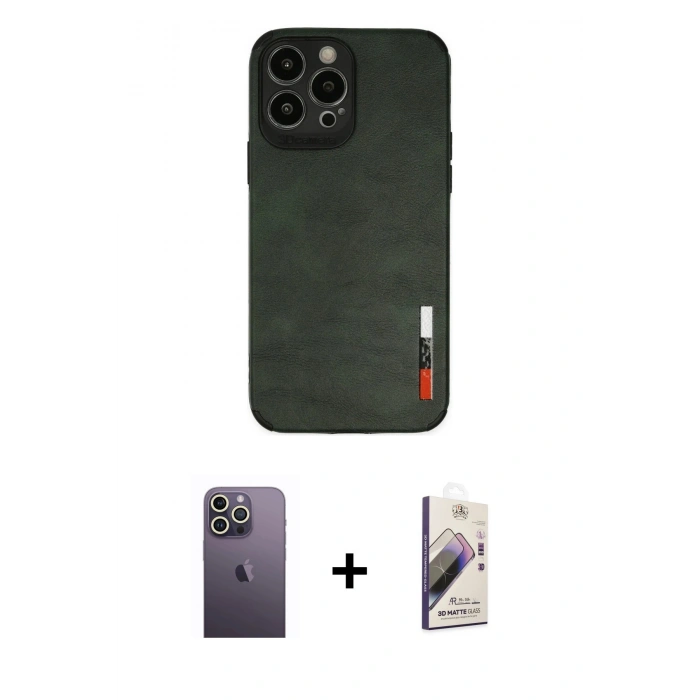 MARSİLYAN™- iPhone 13 Pro Max Kılıf Doruk Asil Koleksiyonu - Siyah Bilvis 3D Mat Cam Ekran Koruyucu + Neon Fosforlu Kamera Lens - BZ