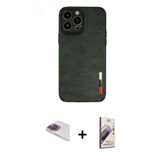 MARSİLYAN™- iPhone 13 Pro Max Kılıf Doruk Asil Koleksiyonu - Siyah Bilvis 3D Mat Cam Ekran Koruyucu + Pers Alüminyum Kamera Lens - GI