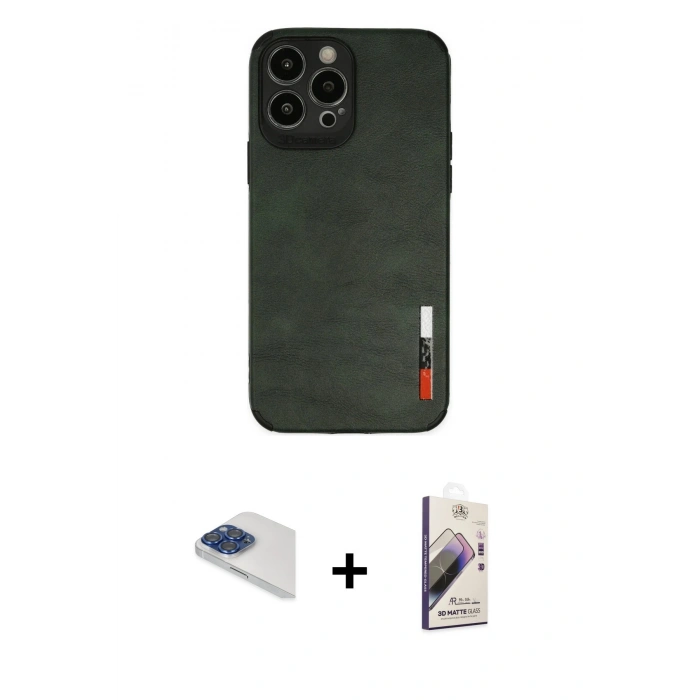 MARSİLYAN™- iPhone 13 Pro Max Kılıf Doruk Asil Koleksiyonu - Siyah Bilvis 3D Mat Cam Ekran Koruyucu + Pers Alüminyum Kamera Lens - LT