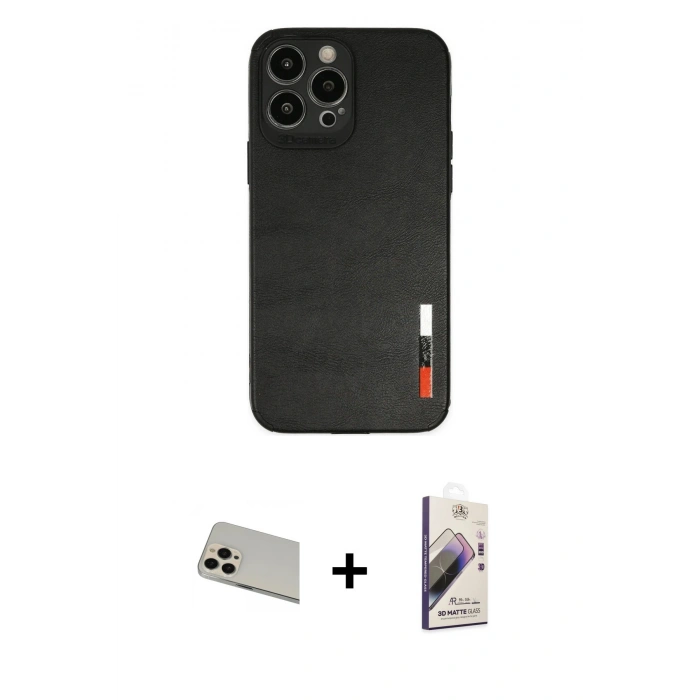 MARSİLYAN™- iPhone 13 Pro Max Kılıf Doruk Asil Koleksiyonu - Siyah Bilvis 3D Mat Cam Ekran Koruyucu + Rose Gold Rainbow Kamera Lens Koruma Cam