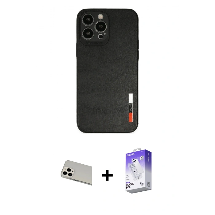 MARSİLYAN™- iPhone 13 Pro Max Kılıf Doruk Asil Koleksiyonu - Siyah Bilvis 5in1 3D Magic Cam Ekran Koruyucu + Rainbow Kamera Lens Koruma Cam - BZ