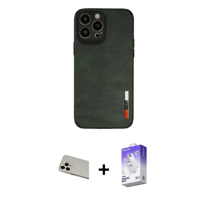 MARSİLYAN™- iPhone 13 Pro Max Kılıf Doruk Asil Koleksiyonu - Siyah Bilvis 5in1 3D Magic Cam Ekran Koruyucu + Rainbow Kamera Lens Koruma Cam - REGD