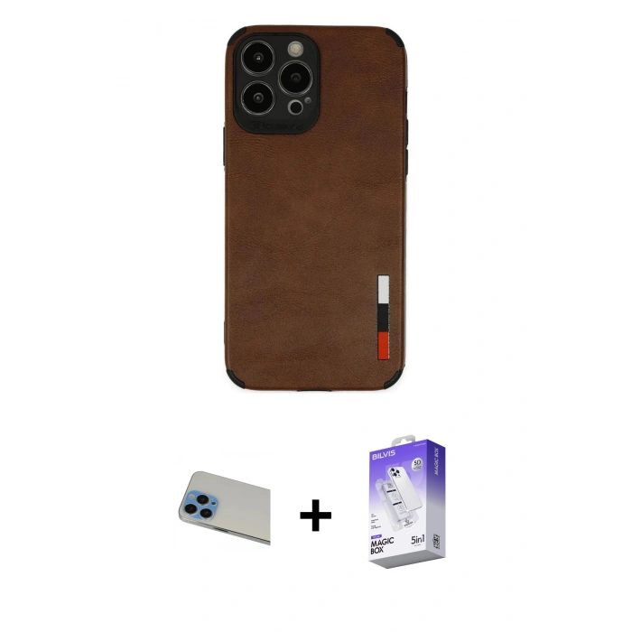 MARSİLYAN™- iPhone 13 Pro Max Kılıf Doruk Asil Koleksiyonu - Siyah Bilvis 5in1 3D Magic Cam Ekran Koruyucu + Rainbow Kamera Lens Koruma Cam - MI