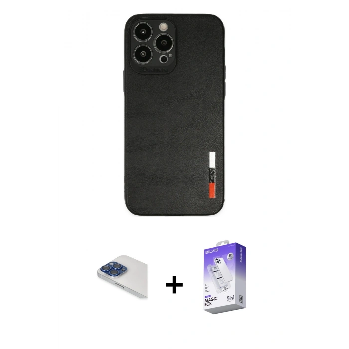 MARSİLYAN™- iPhone 13 Pro Max Kılıf Doruk Asil Koleksiyonu - Siyah Bilvis 5in1 3D Magic Cam Ekran Koruyucu + Pers Alüminyum Kamera Lens - LT