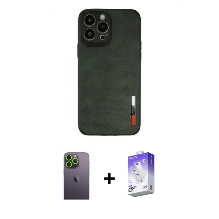 MARSİLYAN™- iPhone 13 Pro Max Kılıf Doruk Asil Koleksiyonu - Siyah Bilvis 5in1 3D Magic Cam Ekran Koruyucu + Neon Fosforlu Kamera Lens - YL