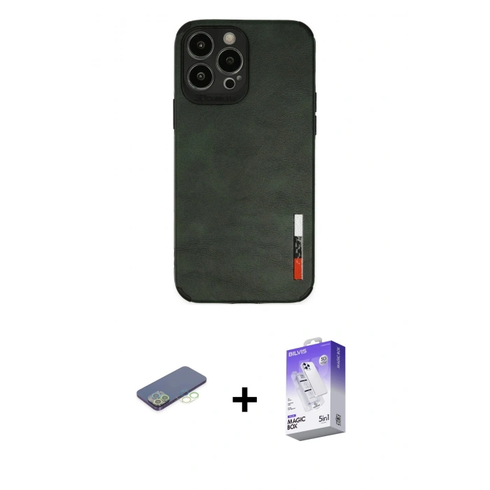 MARSİLYAN™- iPhone 13 Pro Max Kılıf Doruk Asil Koleksiyonu - Siyah Bilvis 5in1 3D Magic Cam Ekran Koruyucu + Renkli Kamera Lens Koruma Cam - YL