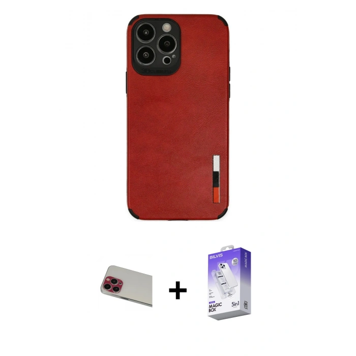 MARSİLYAN™- iPhone 13 Pro Max Kılıf Doruk Asil Koleksiyonu - Siyah Bilvis 5in1 3D Magic Cam Ekran Koruyucu + Kırmızı Rainbow Kamera Lens Koruma Cam