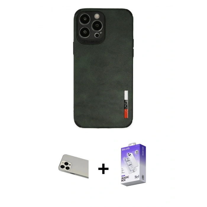 MARSİLYAN™- iPhone 13 Pro Max Kılıf Doruk Asil Koleksiyonu - Siyah Bilvis 5in1 3D Magic Cam Ekran Koruyucu + Rainbow Kamera Lens Koruma Cam - BZ