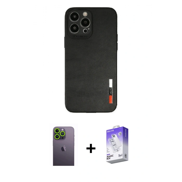 MARSİLYAN™- iPhone 13 Pro Max Kılıf Doruk Asil Koleksiyonu - Siyah Bilvis 5in1 3D Magic Cam Ekran Koruyucu + Neon Fosforlu Kamera Lens - YL