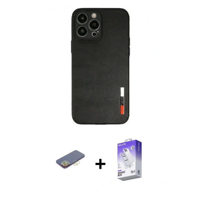 MARSİLYAN™- iPhone 13 Pro Max Kılıf Doruk Asil Koleksiyonu - Siyah Bilvis 5in1 3D Magic Cam Ekran Koruyucu + Renkli Kamera Lens Koruma Cam - SI