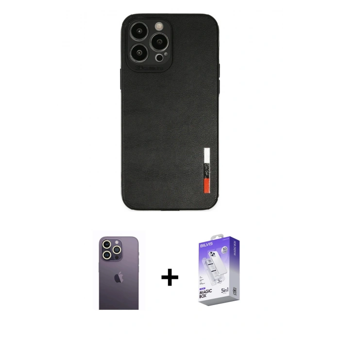 MARSİLYAN™- iPhone 13 Pro Max Kılıf Doruk Asil Koleksiyonu - Siyah Bilvis 5in1 3D Magic Cam Ekran Koruyucu + Beyaz Neon Fosforlu Kamera Lens