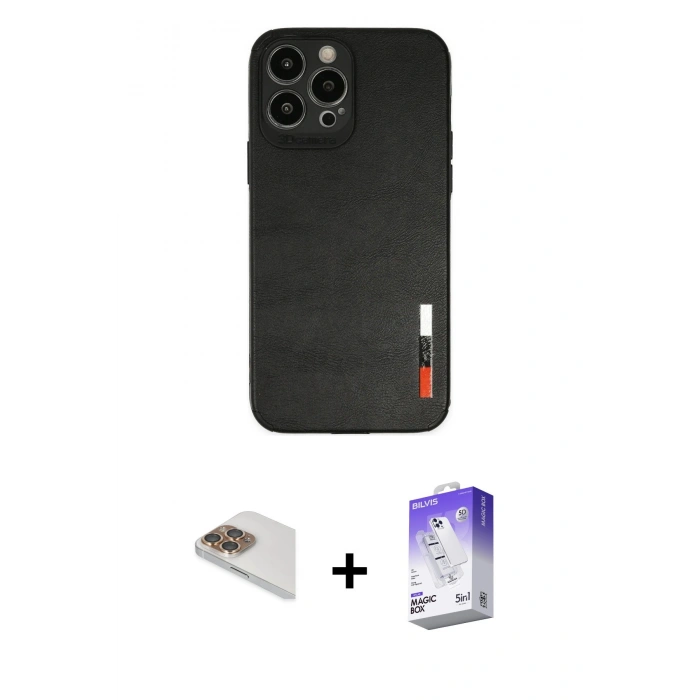 MARSİLYAN™- iPhone 13 Pro Max Kılıf Doruk Asil Koleksiyonu - Siyah Bilvis 5in1 3D Magic Cam Ekran Koruyucu + Pers Alüminyum Kamera Lens - GD