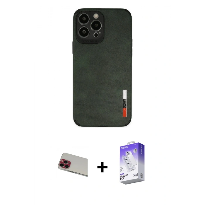 MARSİLYAN™- iPhone 13 Pro Max Kılıf Doruk Asil Koleksiyonu - Siyah Bilvis 5in1 3D Magic Cam Ekran Koruyucu + Kırmızı Rainbow Kamera Lens Koruma Cam
