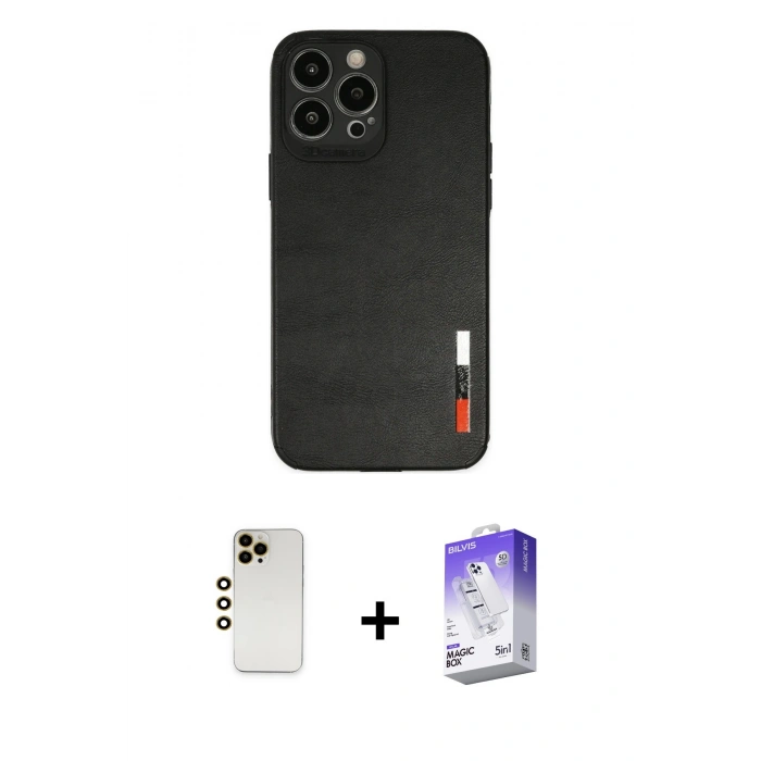 MARSİLYAN™- iPhone 13 Pro Max Kılıf Doruk Asil Koleksiyonu - Siyah Bilvis 5in1 3D Magic Cam Ekran Koruyucu + Shine Kamera Lens - GD