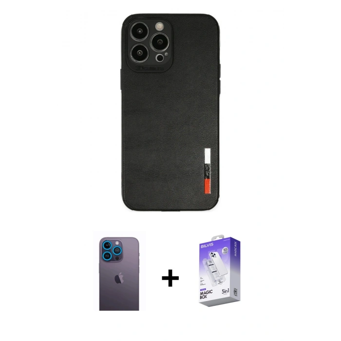 MARSİLYAN™- iPhone 13 Pro Max Kılıf Doruk Asil Koleksiyonu - Siyah Bilvis 5in1 3D Magic Cam Ekran Koruyucu + Neon Fosforlu Kamera Lens - MI