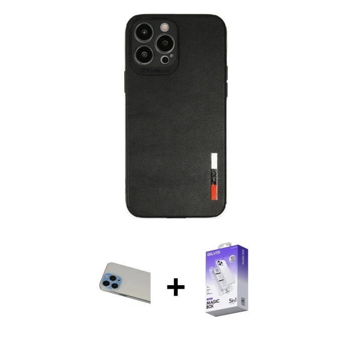MARSİLYAN™- iPhone 13 Pro Max Kılıf Doruk Asil Koleksiyonu - Siyah Bilvis 5in1 3D Magic Cam Ekran Koruyucu + Rainbow Kamera Lens Koruma Cam - MI