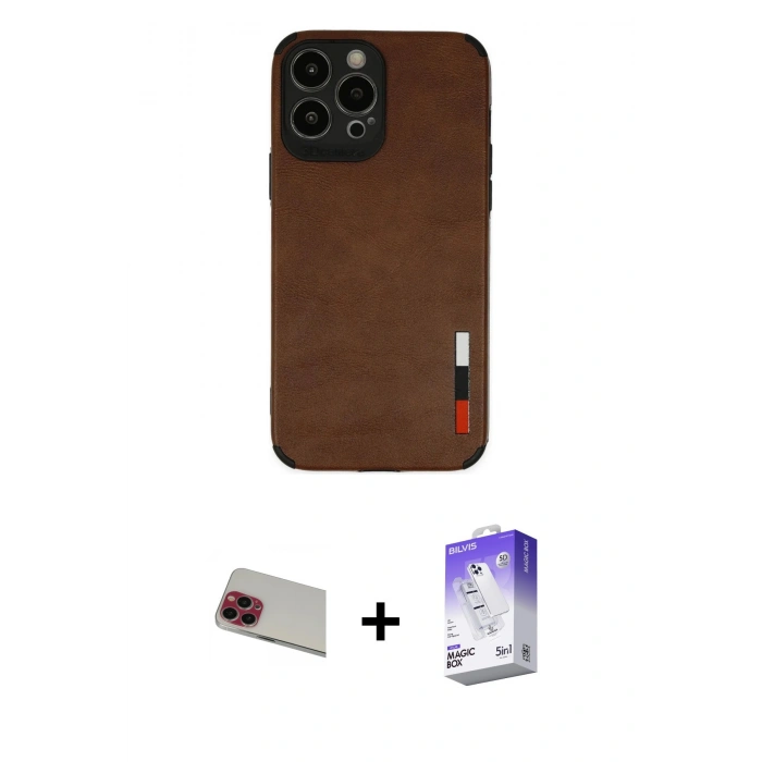 MARSİLYAN™- iPhone 13 Pro Max Kılıf Doruk Asil Koleksiyonu - Siyah Bilvis 5in1 3D Magic Cam Ekran Koruyucu + Kırmızı Rainbow Kamera Lens Koruma Cam