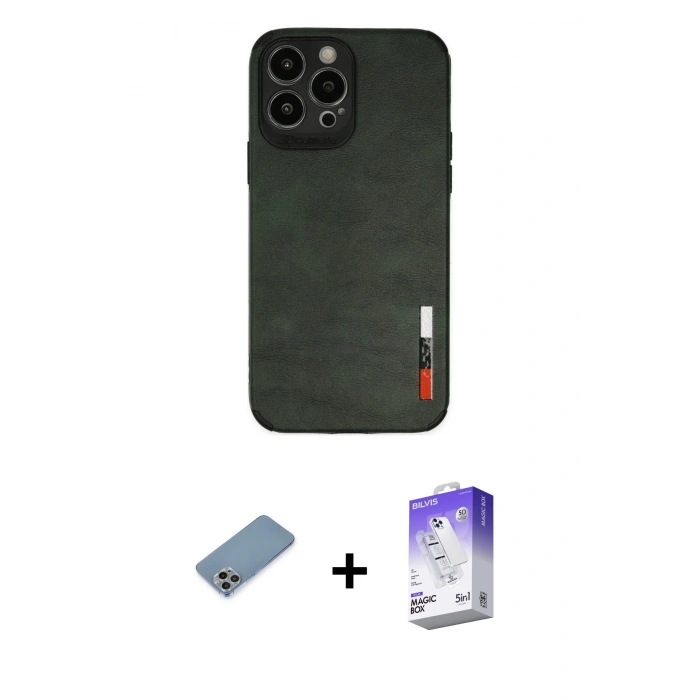 MARSİLYAN™- iPhone 13 Pro Max Kılıf Doruk Asil Koleksiyonu - Siyah Bilvis 5in1 3D Magic Cam Ekran Koruyucu + Shine Kamera Lens Koruma Cam - GI