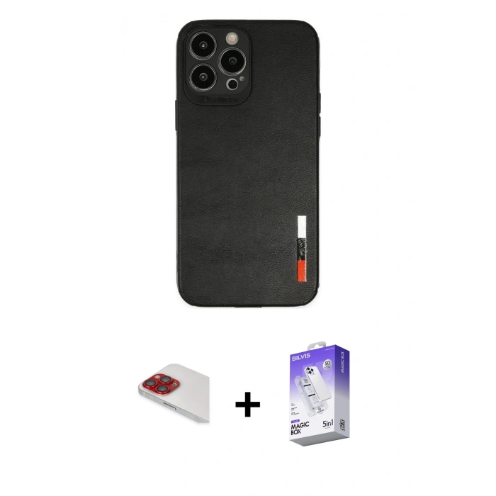 MARSİLYAN™- iPhone 13 Pro Max Kılıf Doruk Asil Koleksiyonu - Siyah Bilvis 5in1 3D Magic Cam Ekran Koruyucu + Pers Alüminyum Kamera Lens - KI