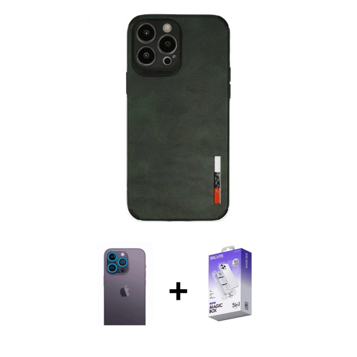 MARSİLYAN™- iPhone 13 Pro Max Kılıf Doruk Asil Koleksiyonu - Siyah Bilvis 5in1 3D Magic Cam Ekran Koruyucu + Neon Fosforlu Kamera Lens - MI