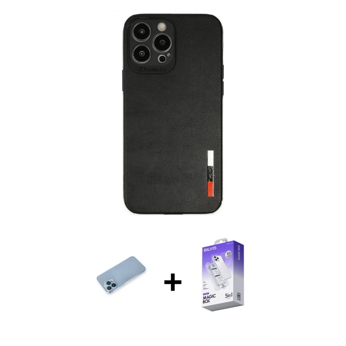 MARSİLYAN™- iPhone 13 Pro Max Kılıf Doruk Asil Koleksiyonu - Siyah Bilvis 5in1 3D Magic Cam Ekran Koruyucu + Shine Kamera Lens Koruma Cam - MI