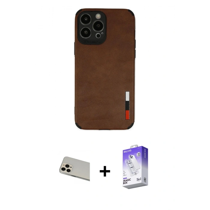 MARSİLYAN™- iPhone 13 Pro Max Kılıf Doruk Asil Koleksiyonu - Siyah Bilvis 5in1 3D Magic Cam Ekran Koruyucu + Rainbow Kamera Lens Koruma Cam - REGD