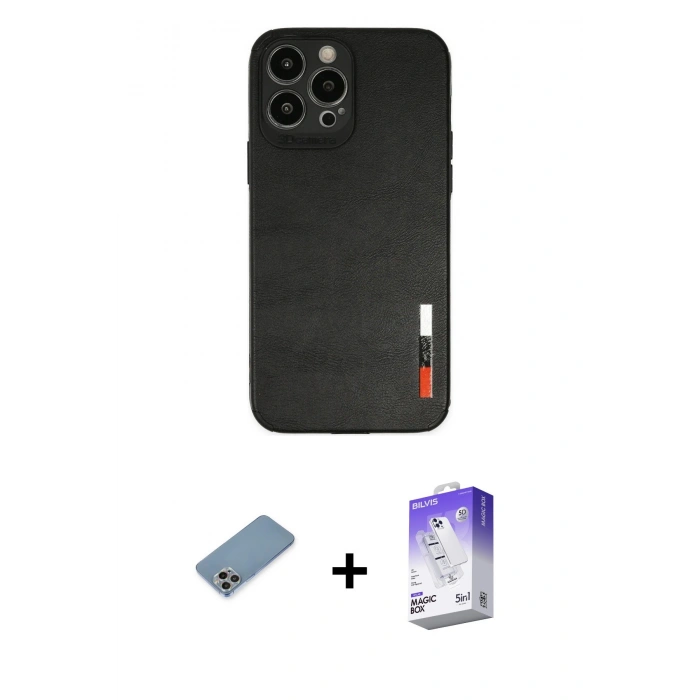 MARSİLYAN™- iPhone 13 Pro Max Kılıf Doruk Asil Koleksiyonu - Siyah Bilvis 5in1 3D Magic Cam Ekran Koruyucu + Shine Kamera Lens Koruma Cam - GI