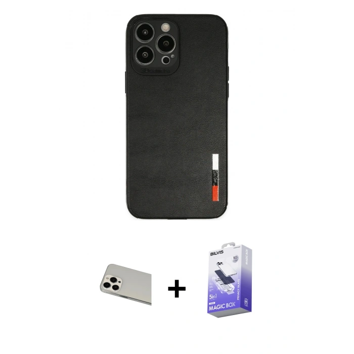 MARSİLYAN™- iPhone 13 Pro Max Kılıf Doruk Asil Koleksiyonu - Siyah Bilvis 5in1 5D Magic Hayalet Cam Ekran Koruyucu + Rainbow Kamera Lens Koruma Cam - BZ