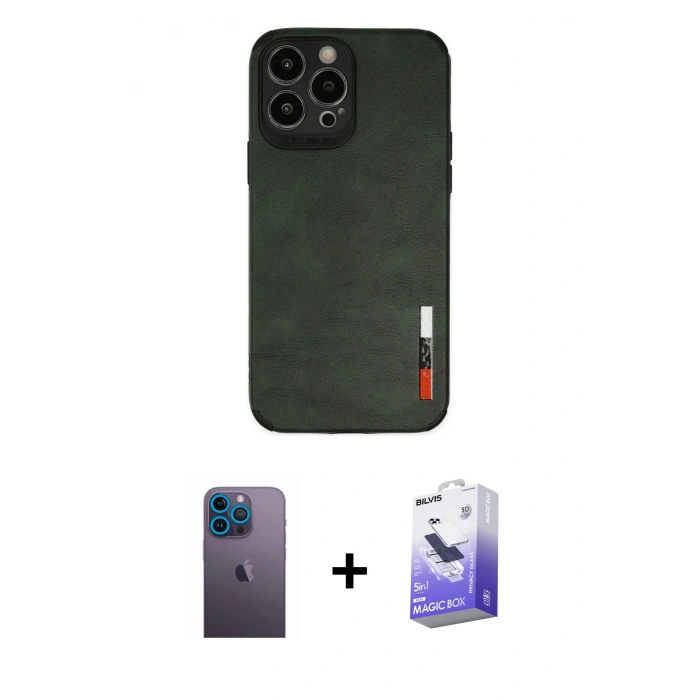 MARSİLYAN™- iPhone 13 Pro Max Kılıf Doruk Asil Koleksiyonu - Siyah Bilvis 5in1 5D Magic Hayalet Cam Ekran Koruyucu + Neon Fosforlu Kamera Lens - MI