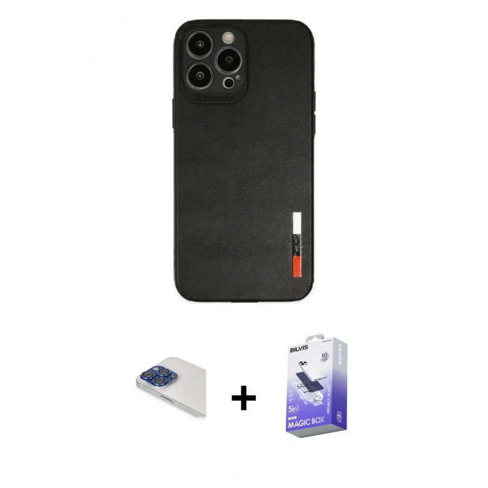 MARSİLYAN™- iPhone 13 Pro Max Kılıf Doruk Asil Koleksiyonu - Siyah Bilvis 5in1 5D Magic Hayalet Cam Ekran Koruyucu + Lacivert Pers Alüminyum Kamera Lens