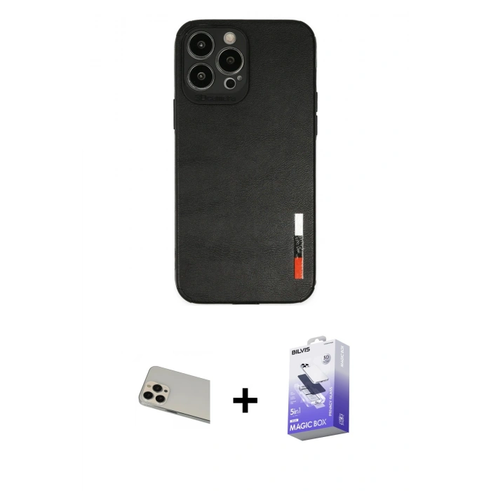 MARSİLYAN™- iPhone 13 Pro Max Kılıf Doruk Asil Koleksiyonu - Siyah Bilvis 5in1 5D Magic Hayalet Cam Ekran Koruyucu + Rose Gold Rainbow Kamera Lens Koruma Cam