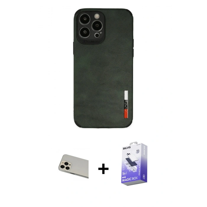 MARSİLYAN™- iPhone 13 Pro Max Kılıf Doruk Asil Koleksiyonu - Siyah Bilvis 5in1 5D Magic Hayalet Cam Ekran Koruyucu + Rose Gold Rainbow Kamera Lens Koruma Cam