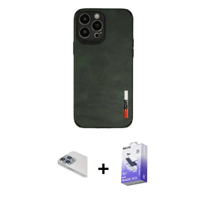 MARSİLYAN™- iPhone 13 Pro Max Kılıf Doruk Asil Koleksiyonu - Siyah Bilvis 5in1 5D Magic Hayalet Cam Ekran Koruyucu + Sierra Blue Pers Alüminyum Kamera Lens
