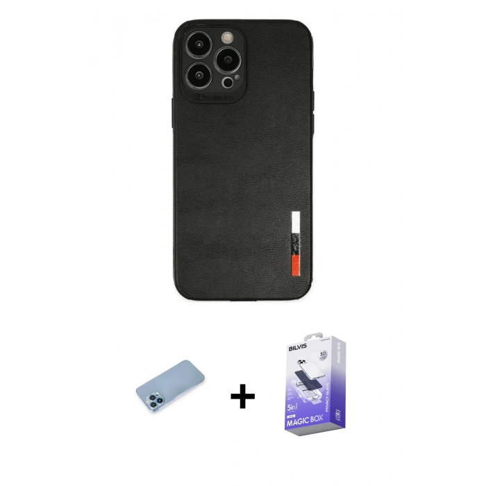 MARSİLYAN™- iPhone 13 Pro Max Kılıf Doruk Asil Koleksiyonu - Siyah Bilvis 5in1 5D Magic Hayalet Cam Ekran Koruyucu + Shine Kamera Lens Koruma Cam - MI